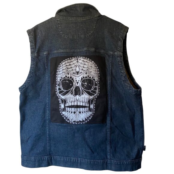 Rude Blue Denim Vest Men 2XL Large Skull Patch Biker Halloween Hot Topic - Picture 1 of 9